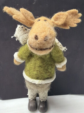 Felt Plush Christmas Moose Standing Green Sweater Lace Scarf Leggings As Is